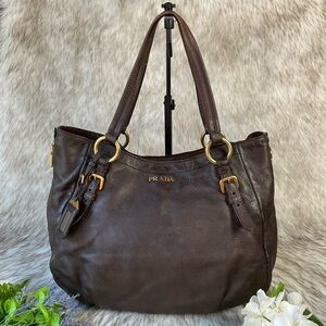 Prada Signature Sacca 2 Manici Brown Leather Shoulder Tote Bag